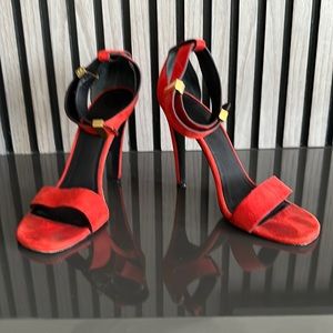 Like New! Celine red suede strappy sandals. Gold buckles. Size US 7 1/2